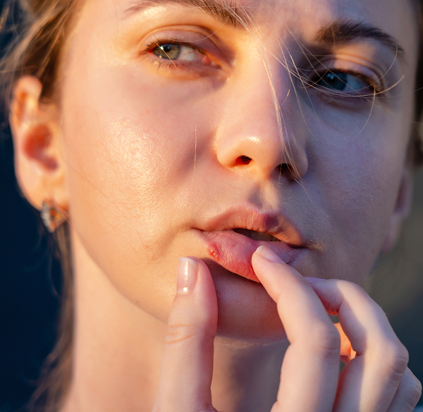 Close-up of cold sore on lip